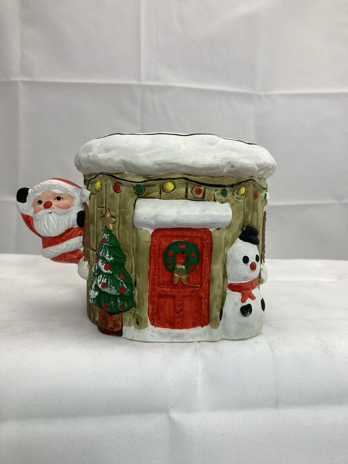 Vintage Enesco Ceramic Christmas Santa And Snowman Planter Vase 4.75” Tall