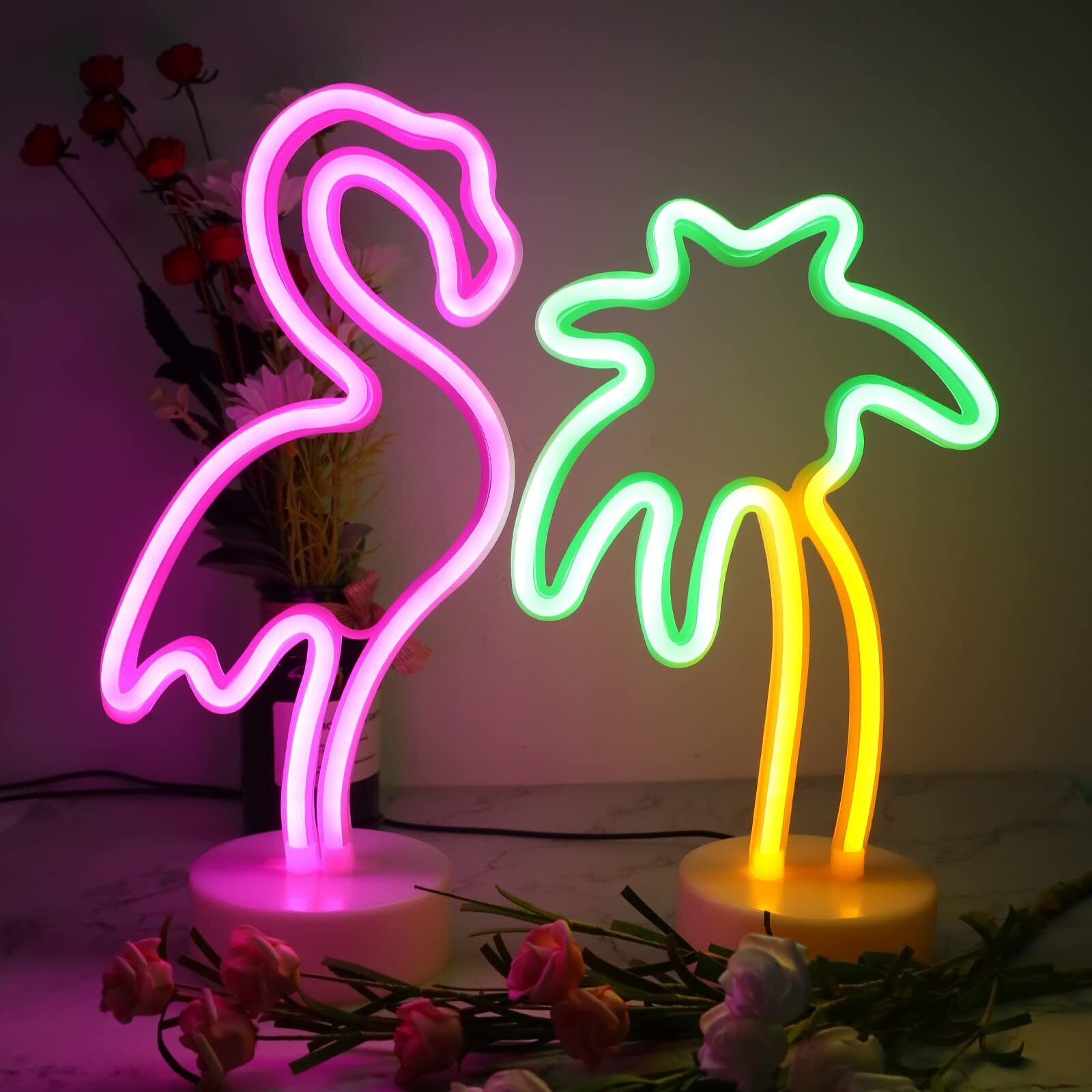 2 Packs Decoration Neon Signs Light Pink Flamingo And Green Palm Tree Neon Wall 