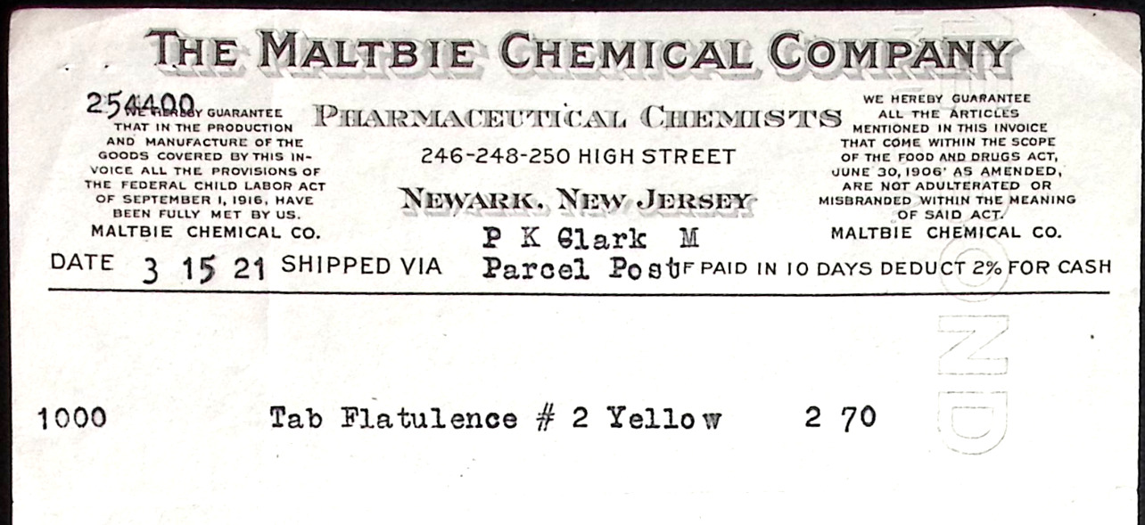 1921 Maltbie Chemical Company Pharmaceutical Chemists Billhead NEWARK NJ K1173