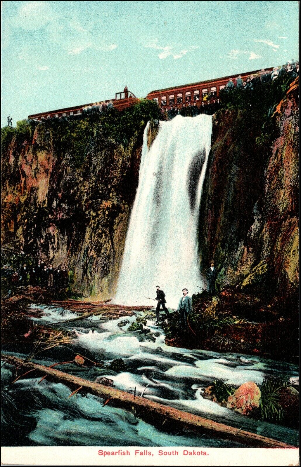 C.1910s Spearfish Falls. S.D. Passenger Train. R.R. Men Fishing. Beavers. Crowd