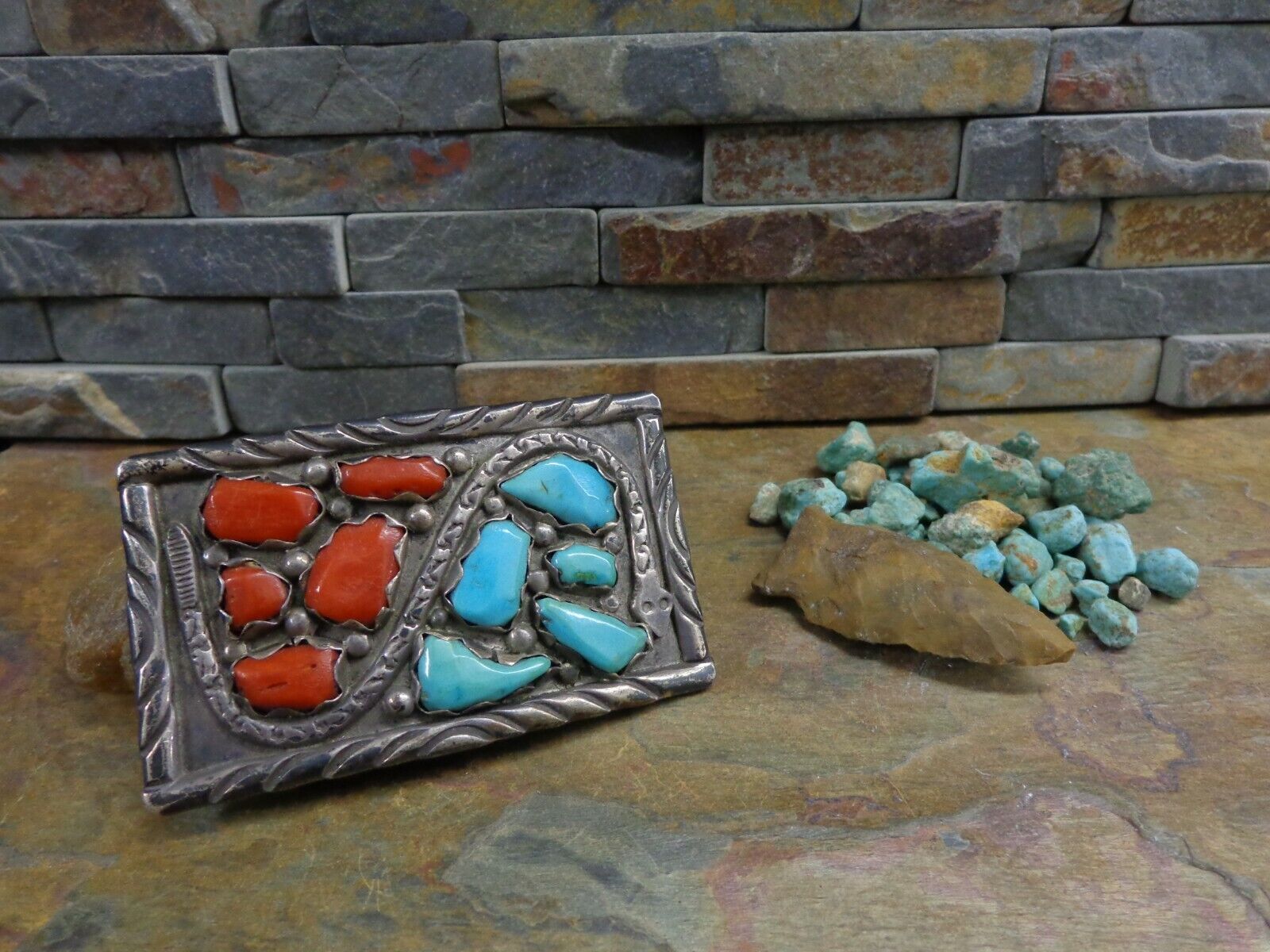 OMG WAYNE C ZUNI SNAKE STERLING TURQUOISE CORAL BELT BUCKLE CONCHO OLD PAWN