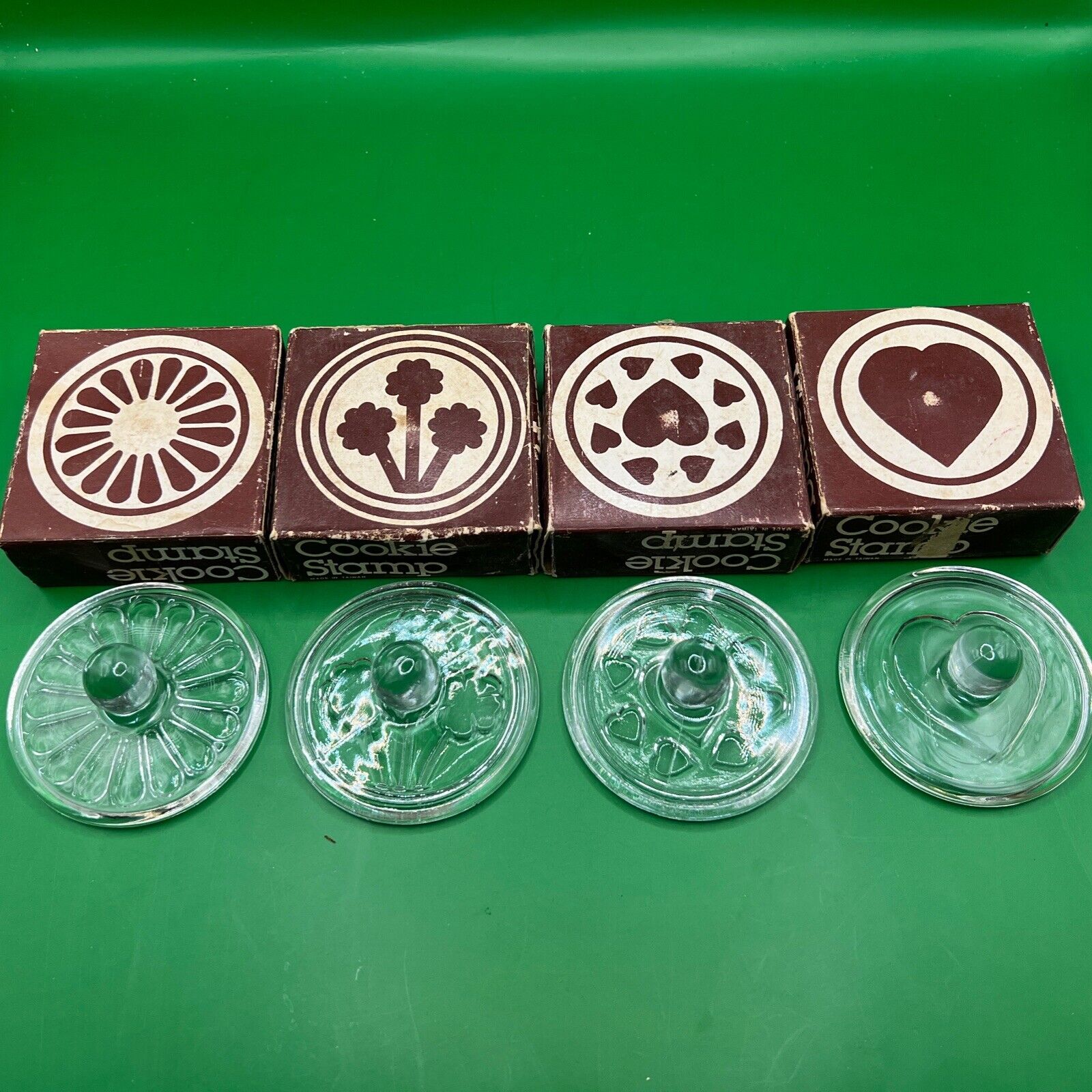 4 Vienna Glass Vintage Cookie Stamps w Original Boxes Flowers Valentine Hearts