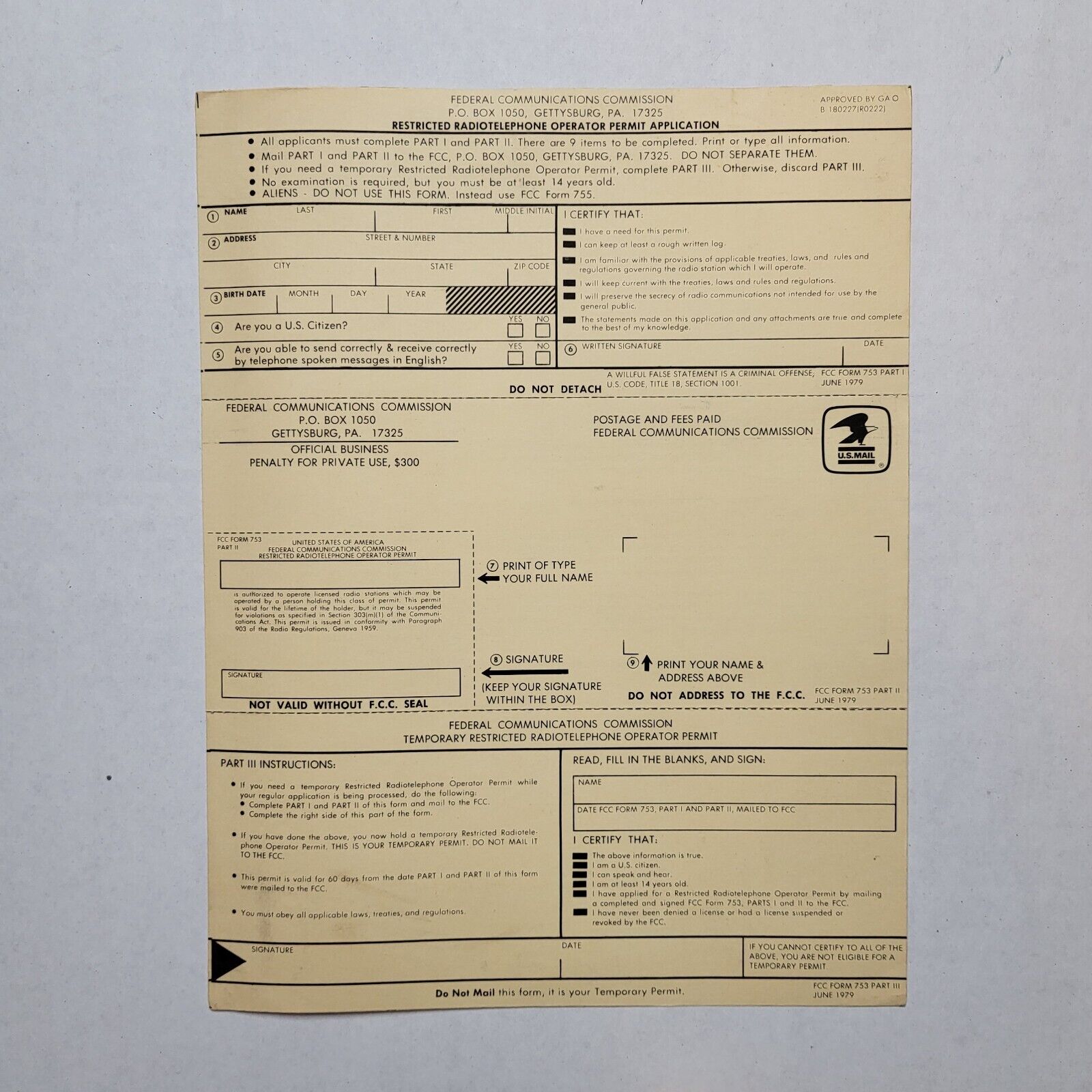 Vtg 1979 Restricted Radiotelephone Operator Permit Application Form 70s