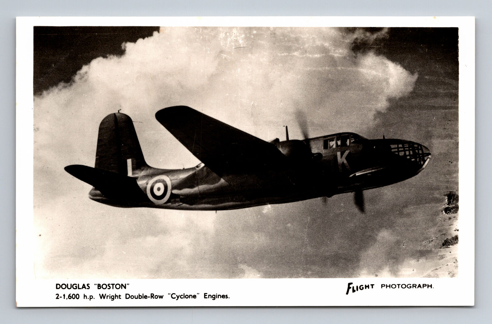 RPPC WWII RAF Douglas Boston A-20 Havoc Bomber FLIGHT Photograph Postcard