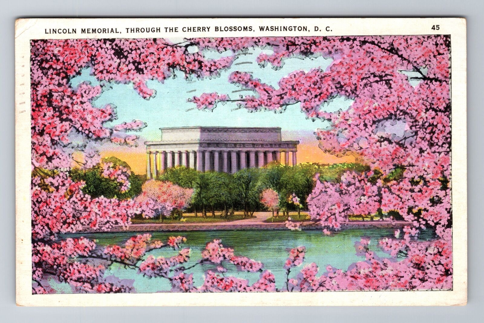 Washington D.C. Lincoln Memorial Thru The Cherry Blossoms Vintage c1936 Postcard