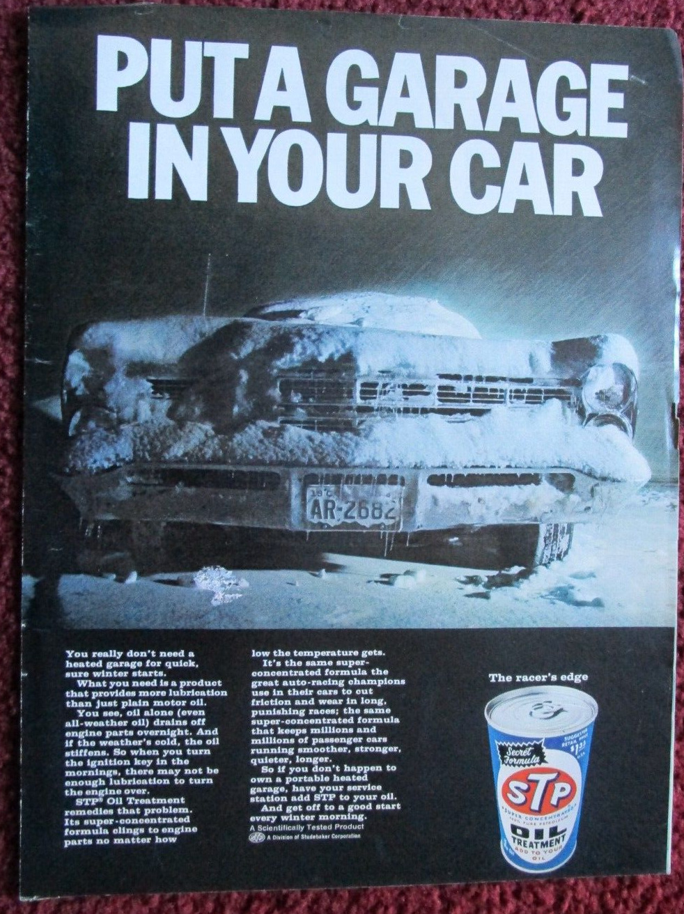 1968 STP Motor Oil Treatment Print Ad ~ Put a Garage in Your Car, Winter Starts