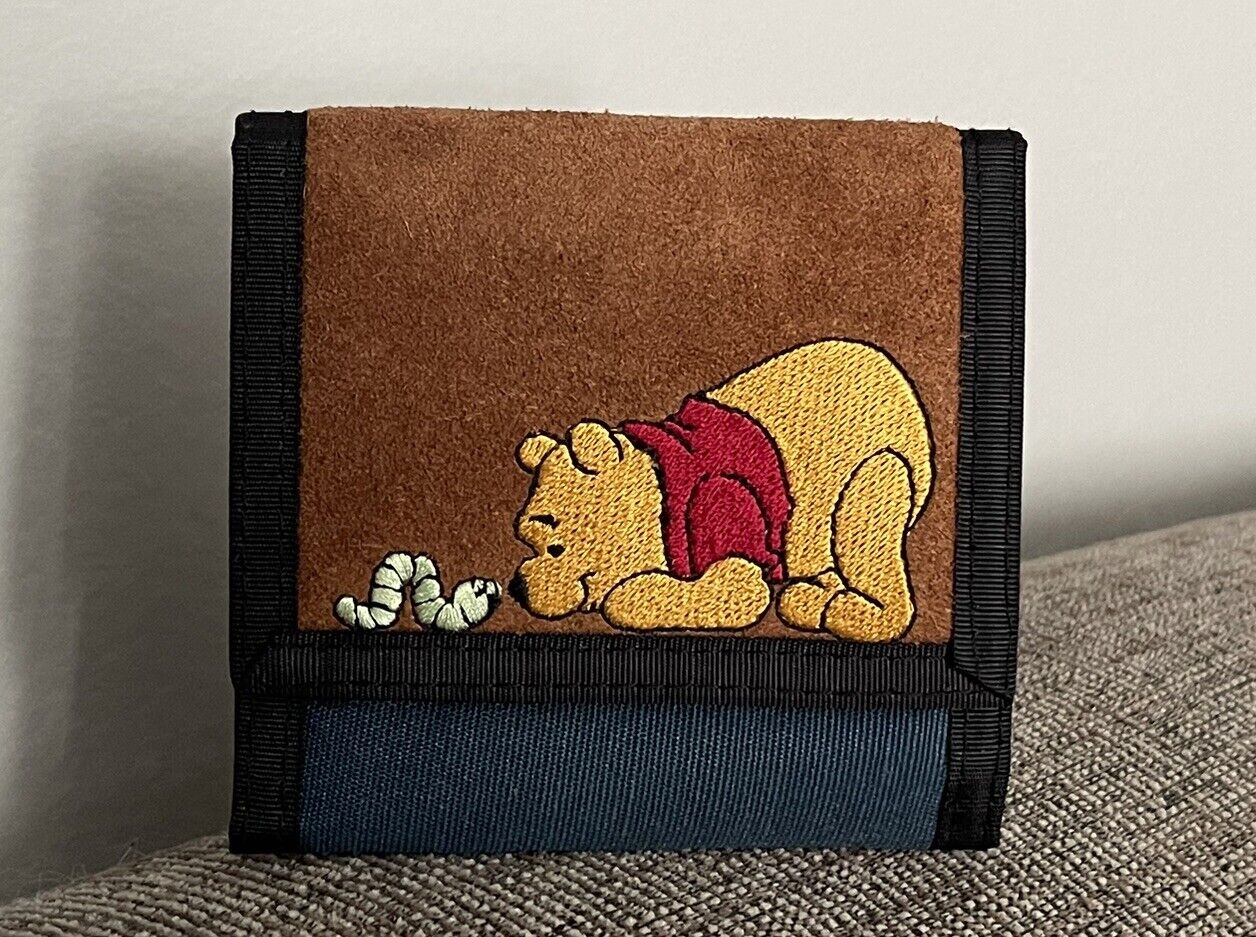 NWT Vintage Winnie The Pooh and Worm Embroidered Suede Wallet Tri Fold Blue New