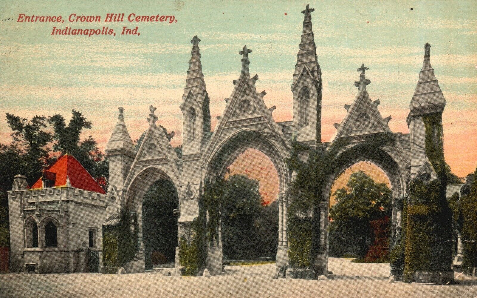Vintage Postcard 1912 Entrance Crown Hill Cemetery Indianapolis IN Indiana