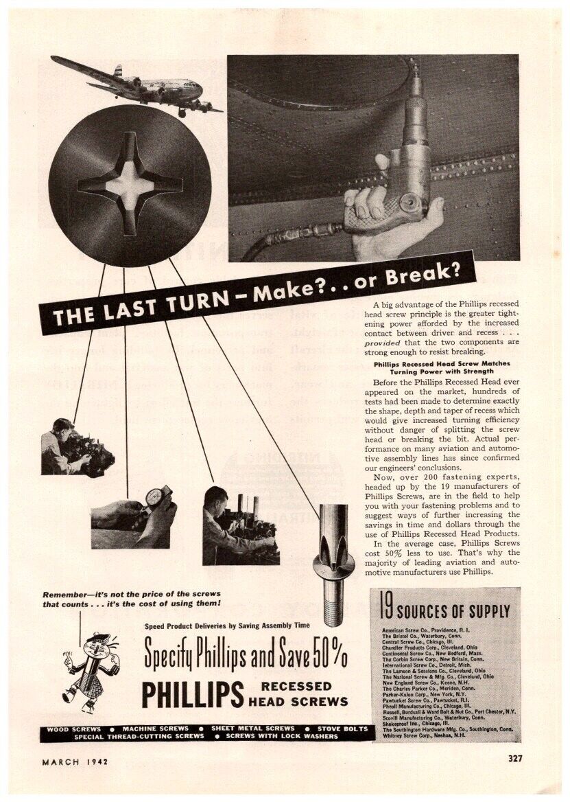 1942 Phillips Recessed Head Screws, Vintage WW2 Print Ad