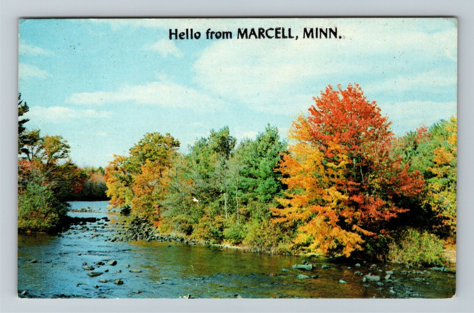 Hello From Marcell MN-Minnesota, Scenic Tree Lined Lake View Vintage Postcard