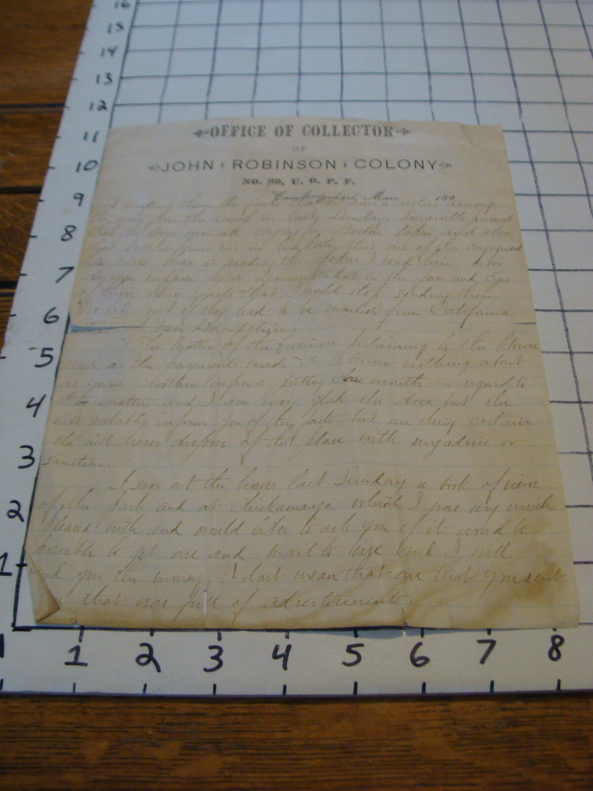 Vintage Paper: 1890\'s Office of Collector John Robinson Colony: letter