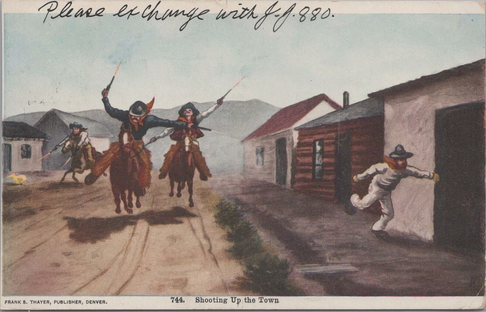 Postcard Cowboys Bandidos Shooting Up the Town 1907 