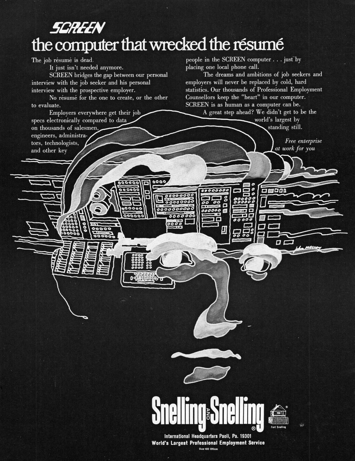 1969 Snelling and Snelling Employment Screen Computer retro art print ad L85