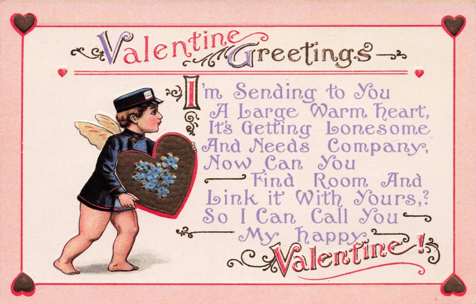 Cupid Delivery Boy Valentine Greetings Vintage PC