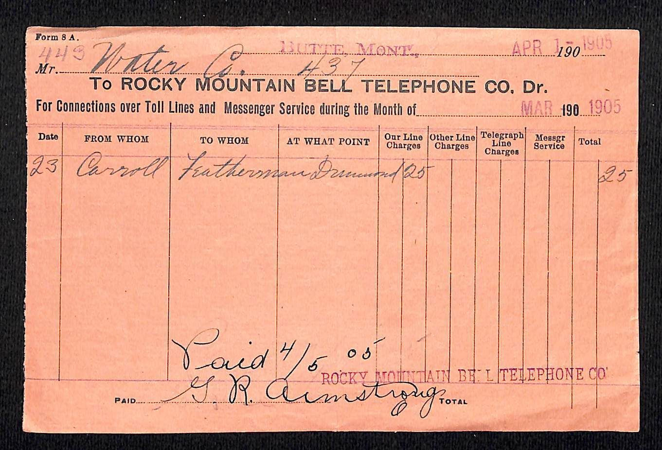 Butte Montana 1905 Rocky Mountain Bell Telephone Co. 25c Payment Receipt 