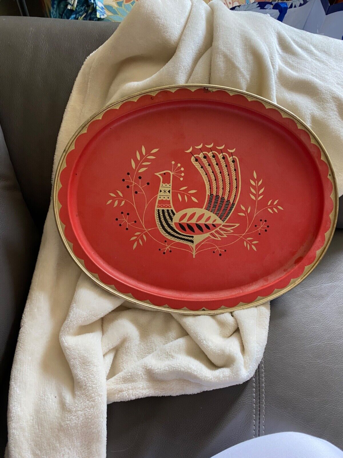 Vintage Mid-Century Red Metal Serving Tray w/ Peacock Design