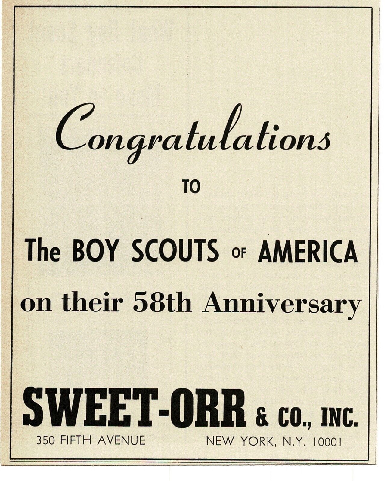1968 SWEET-ORR pants Congrats to Boy Scouts 58th Anniversary Vintage Print Ad