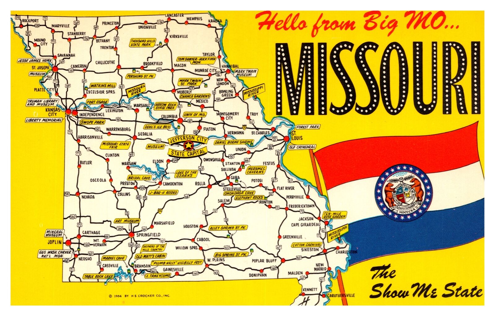Postcard MAP MO Missouri Map Hello from Big Mo - city map with flag