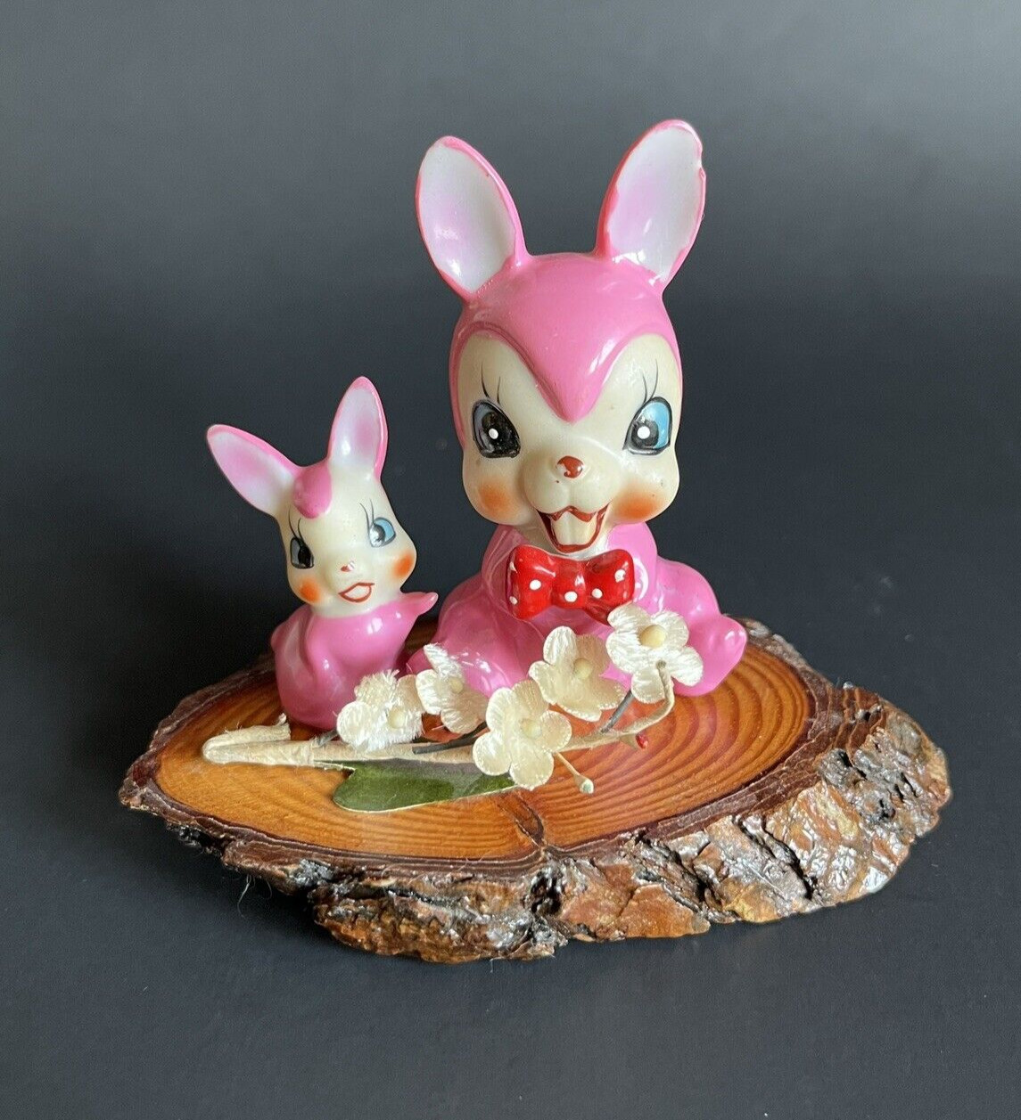 MCM Vintage Arnart Two Pink Bunnies on Wood Slab Small Size