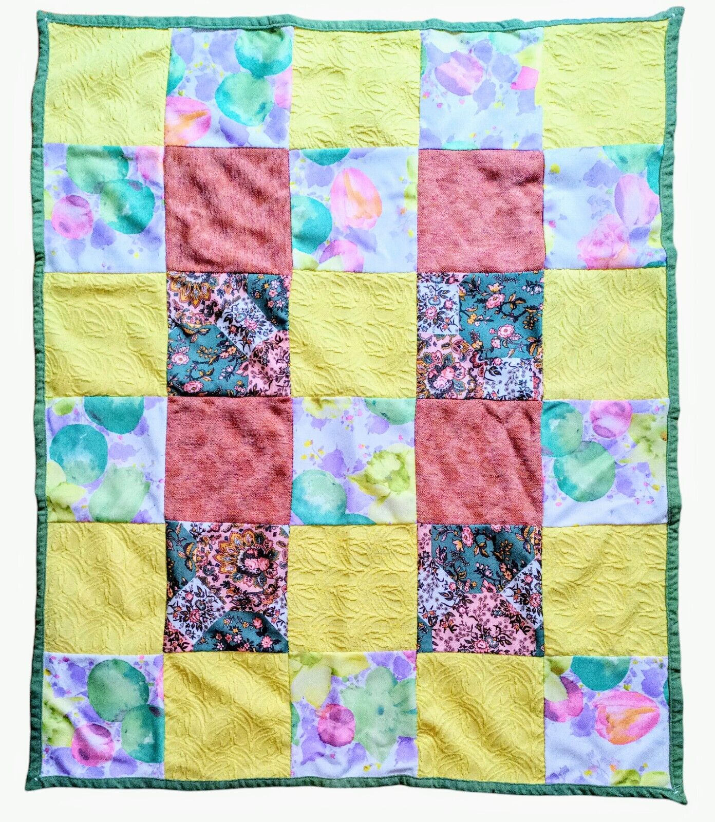 Vintage Baby Quilt Top 30 Patch Hand Pieced Pink/Green/Yellow Homemade 32\