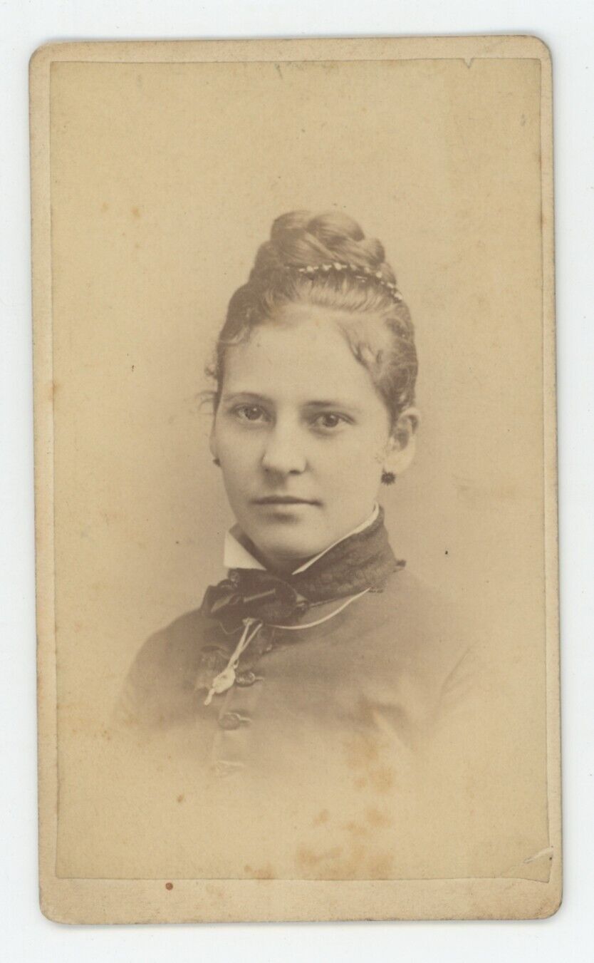 Antique CDV Circa 1870s Beautiful Young Woman Earrings Stunning Hair Lynn, MA