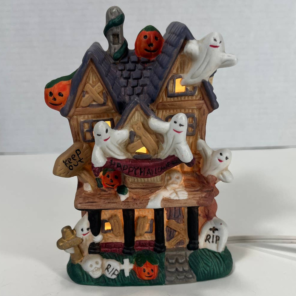 Vintage 90s Spooky Hollow Halloween Lighted Porcelain Haunted Ghost House