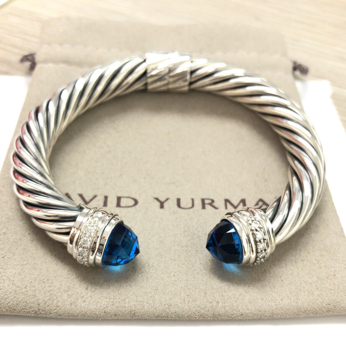 David Yurman Sterling Silver 10mm Cable Bracelet with Blue Topaz  & Diamonds