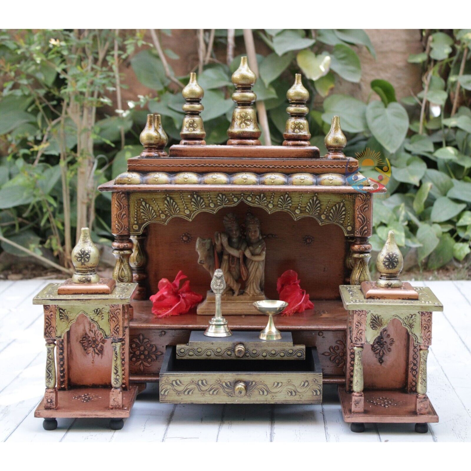 Copper Gold Wooden Temple Hindu Pooja Mandir Embossed Worship Art at Home/Office