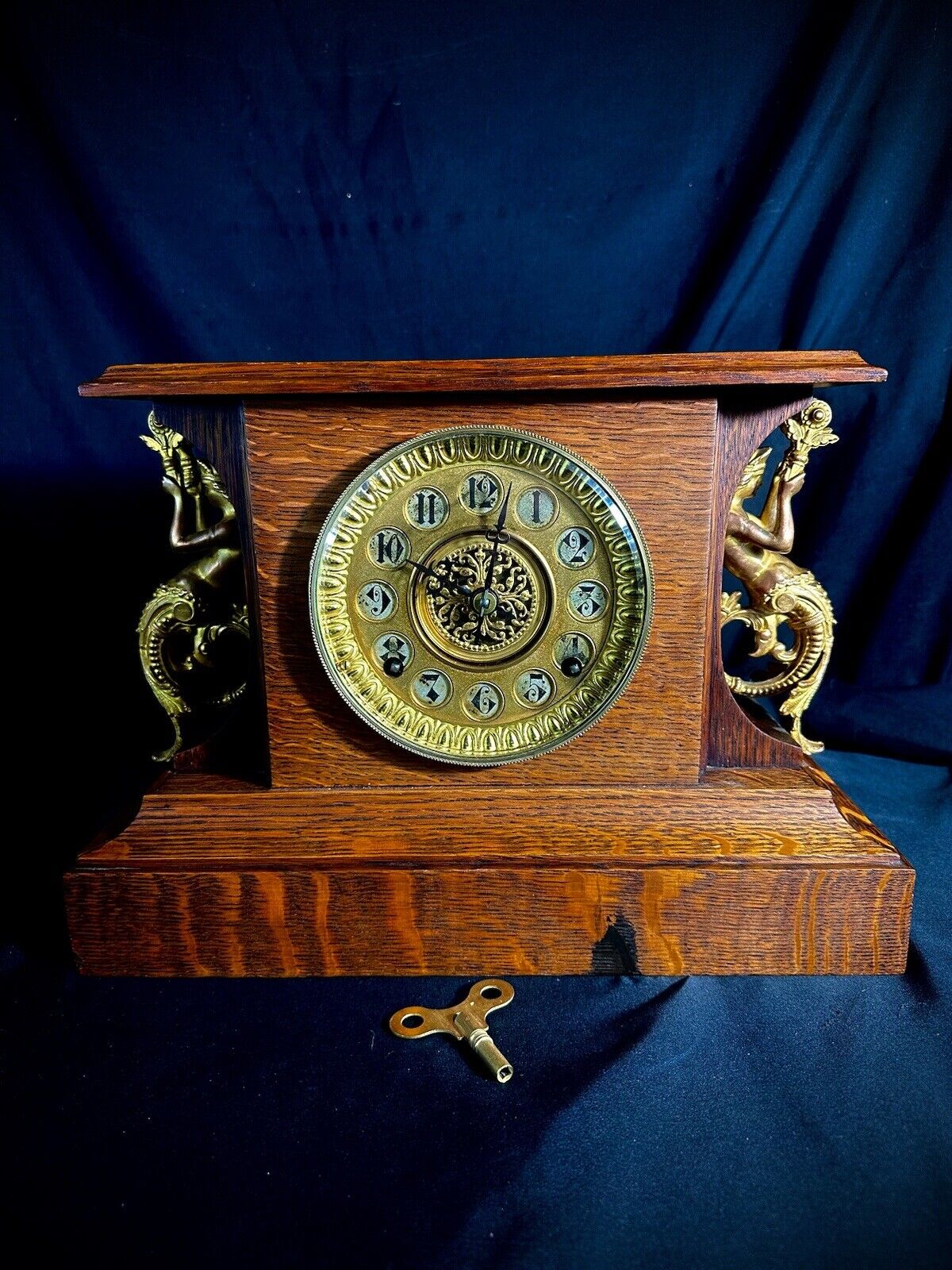 Antique F.Kroeber Mermaid  1910’ Mantel Clock 8Day Quarter Saw Oak FullRestored