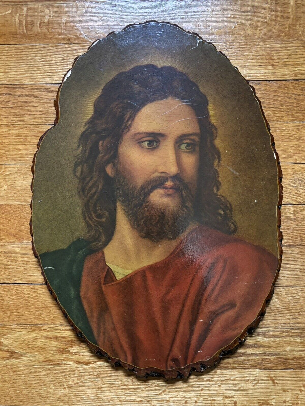 Vintage Jesus Portrait on Wood Slab