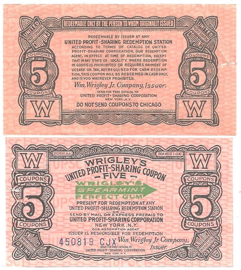 Two c1920s Wrigleys Gum Profit Sharing Coupons  5 Coupons Value