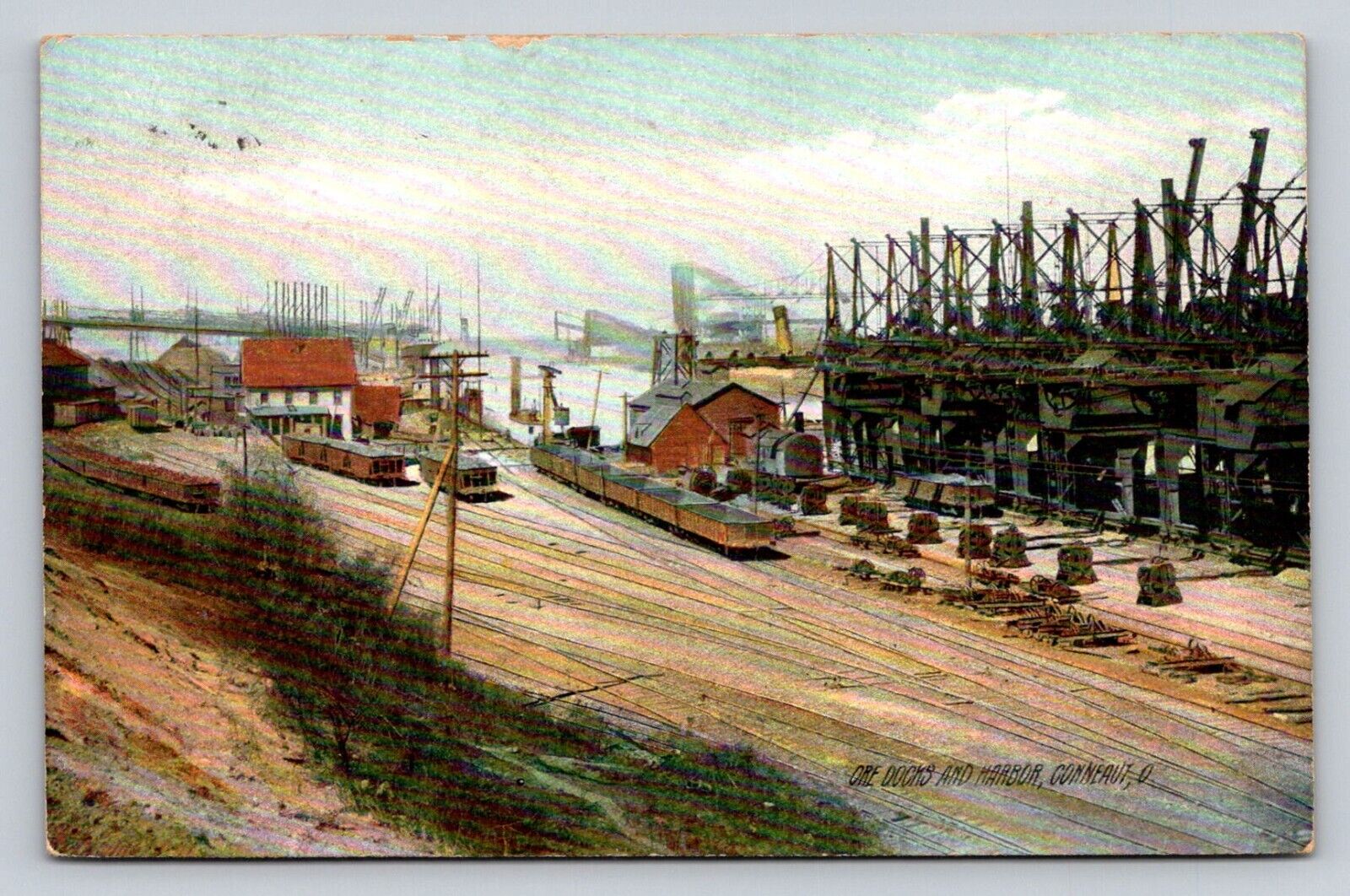 c1910 Rotograph Ore Docks And Harbor Railroad Cars Conneaut Ohio P220