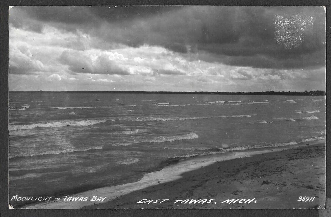 RPPC Real Photo Postcard Moonlight Tawas Bay East Tawas Michigan c1952