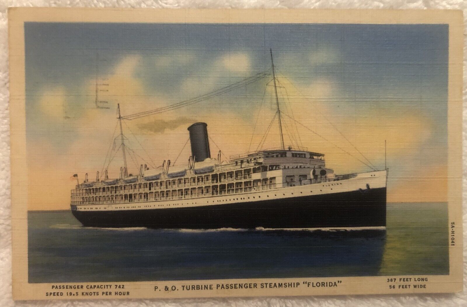 Vintage 1930s P&O Steamship Company Postcard S.S FLORIDA Steamer, Curteich Linen