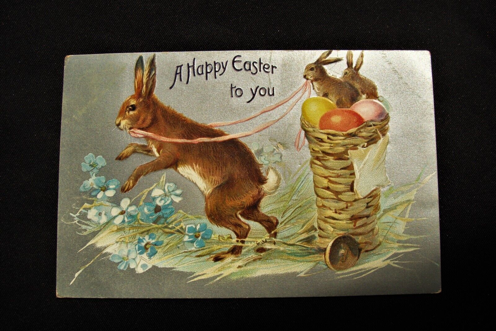 Fantasy Tuck\'s Rabbit Pulling Basket Wagon w Baby Bunnies Easter Postcard