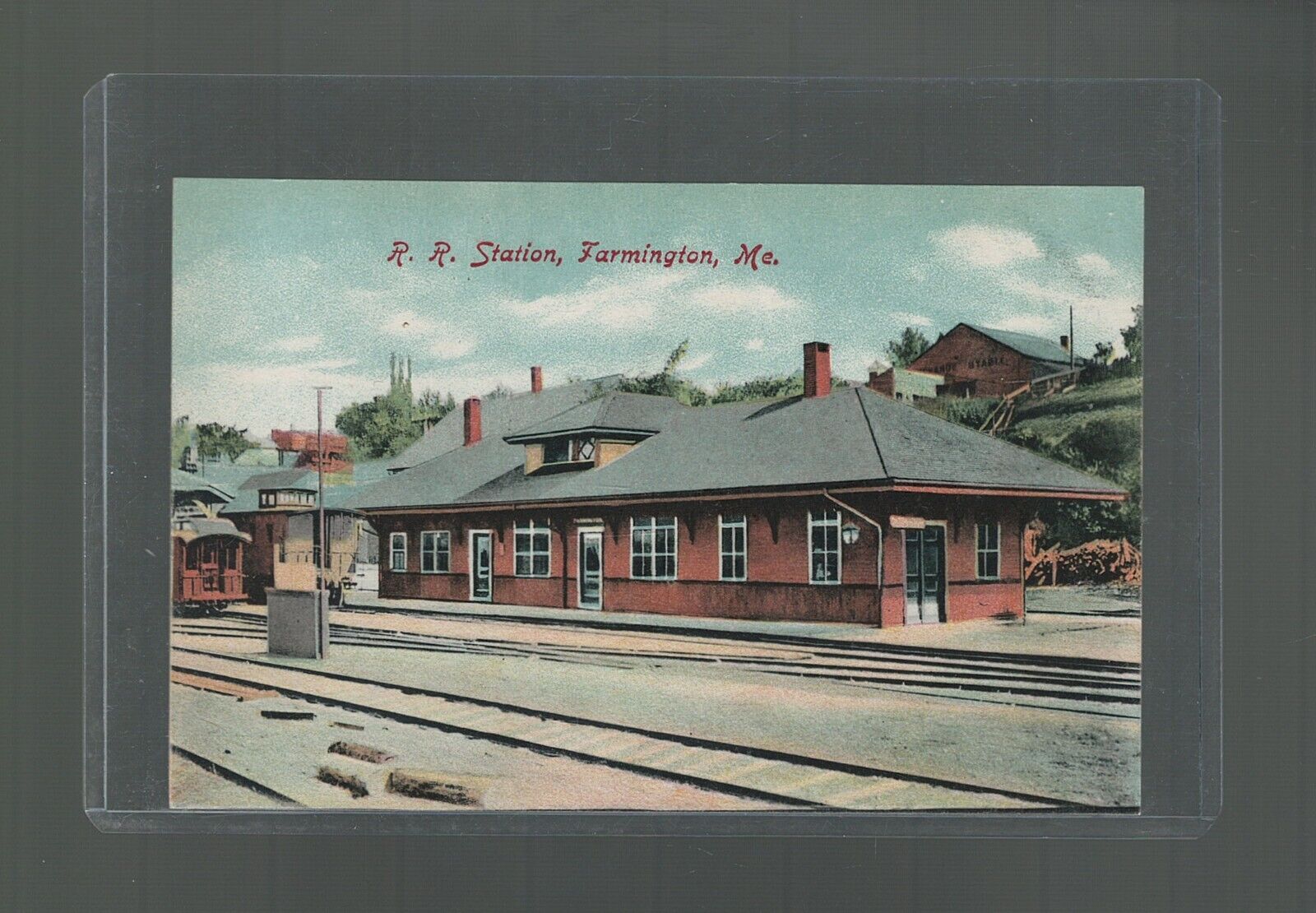 Postcard Railroad Train Station Farmington Maine Central Railroad Company 1907