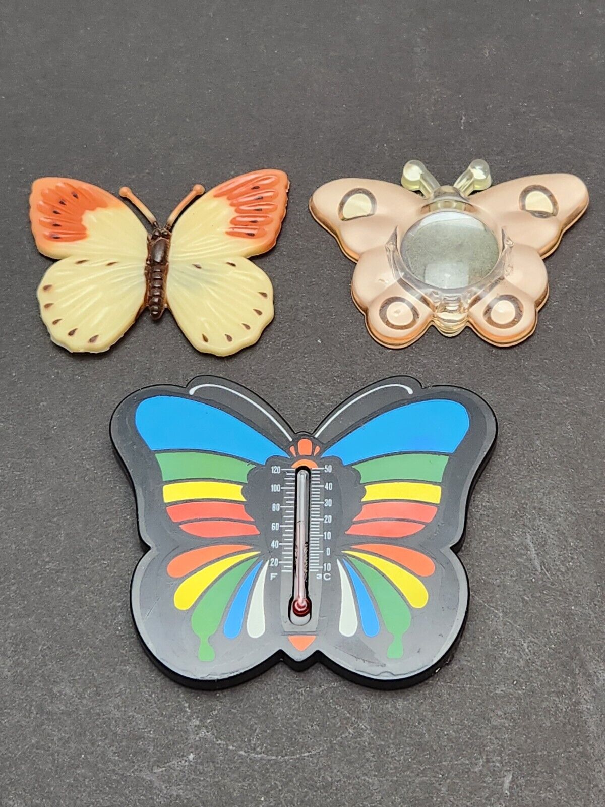 3 Vintage Butterfly Refrigerator Magnets, Picture, Rubber & Plastic Thermometer