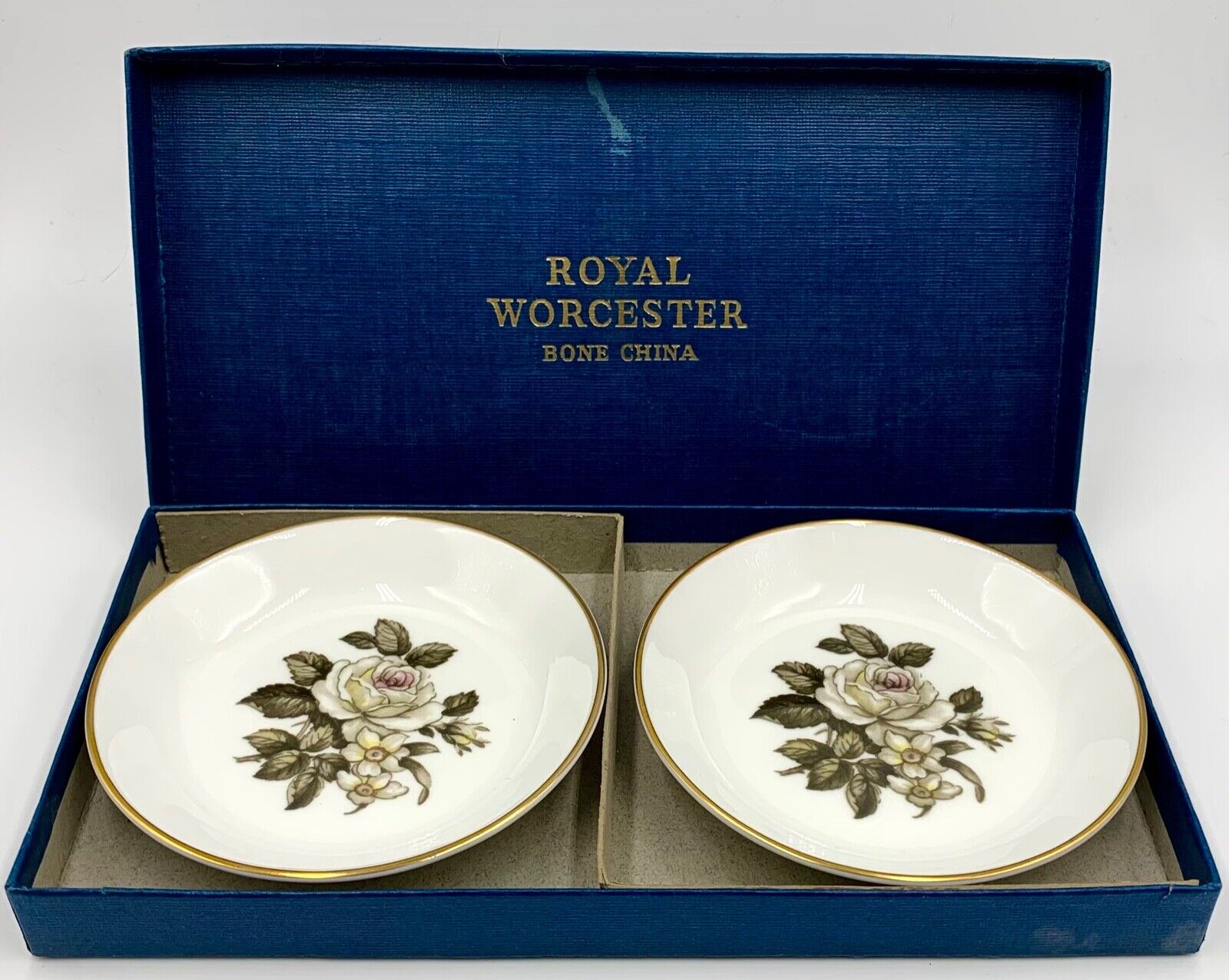 SET OF 2 ROYAL WORCESTER COASTERS OR PIN DISHES; TORQUAY; ORIG BOX, EXCLNT COND