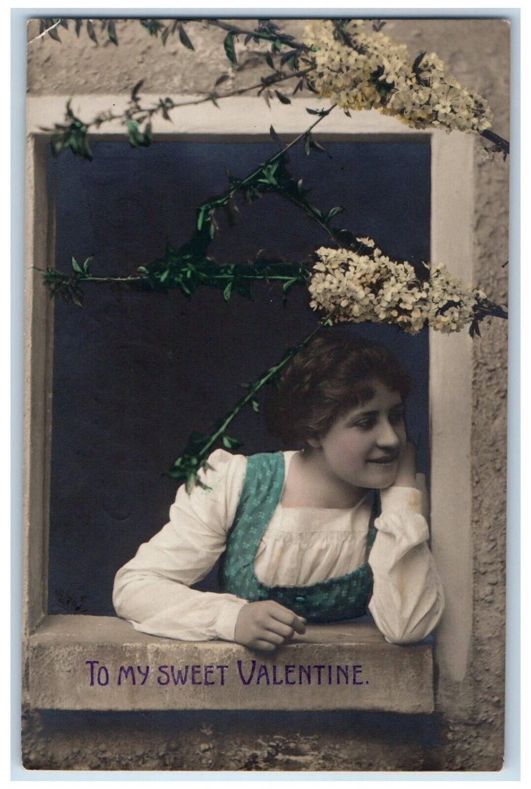 c1905 Valentine Pretty Girl On Window Flowers Posted Antique RPPC Photo Postcard