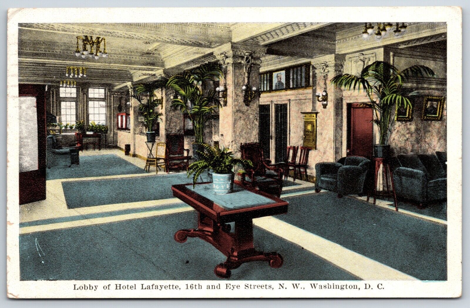 Postcard Lobby Of Hotel Lafayette, Washington, D. C. Posted 1923