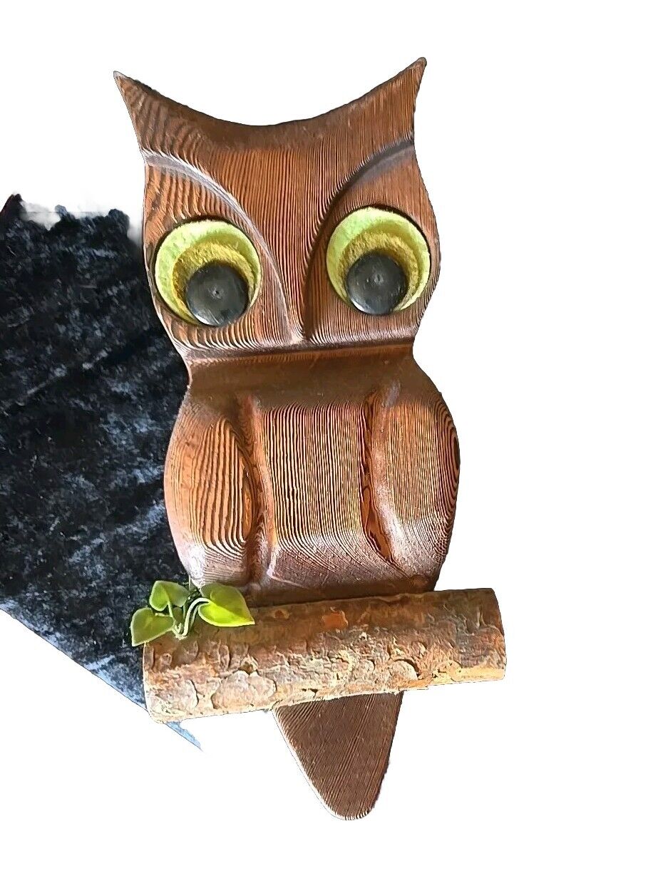 Vintage Wooden Owl Wall Hanging Felt Eyes Mid Century 12\