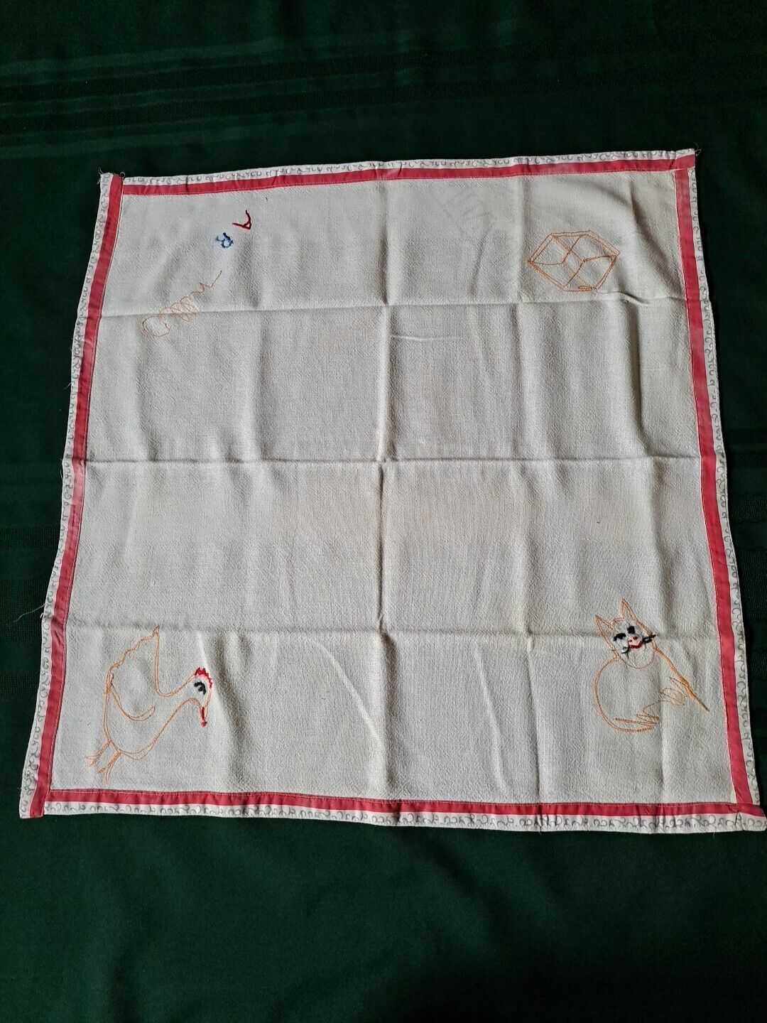 Vintage Tea Towel of Feed Flour Sack Embroidered Cat, Chicken and  more