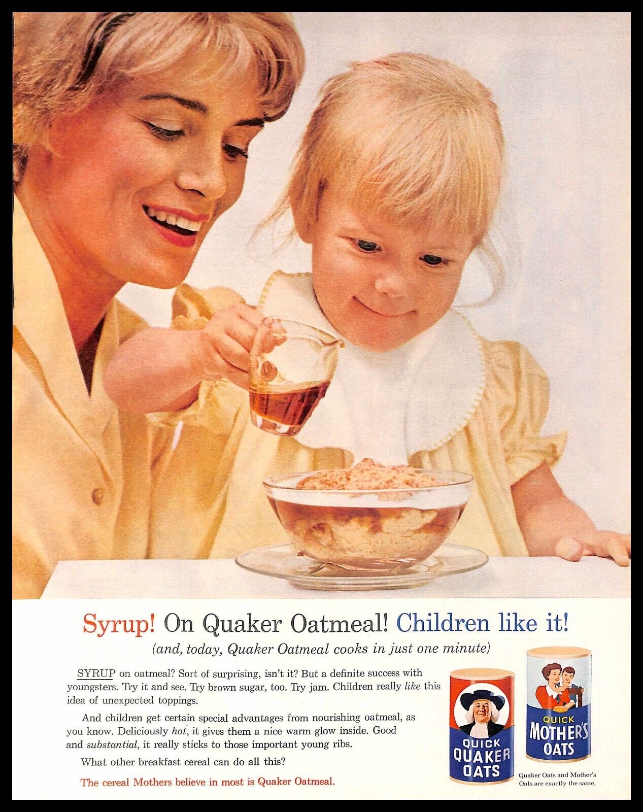 1962 Quaker Oatmeal Vintage PRINT AD Breakfast Cereal Mother Child
