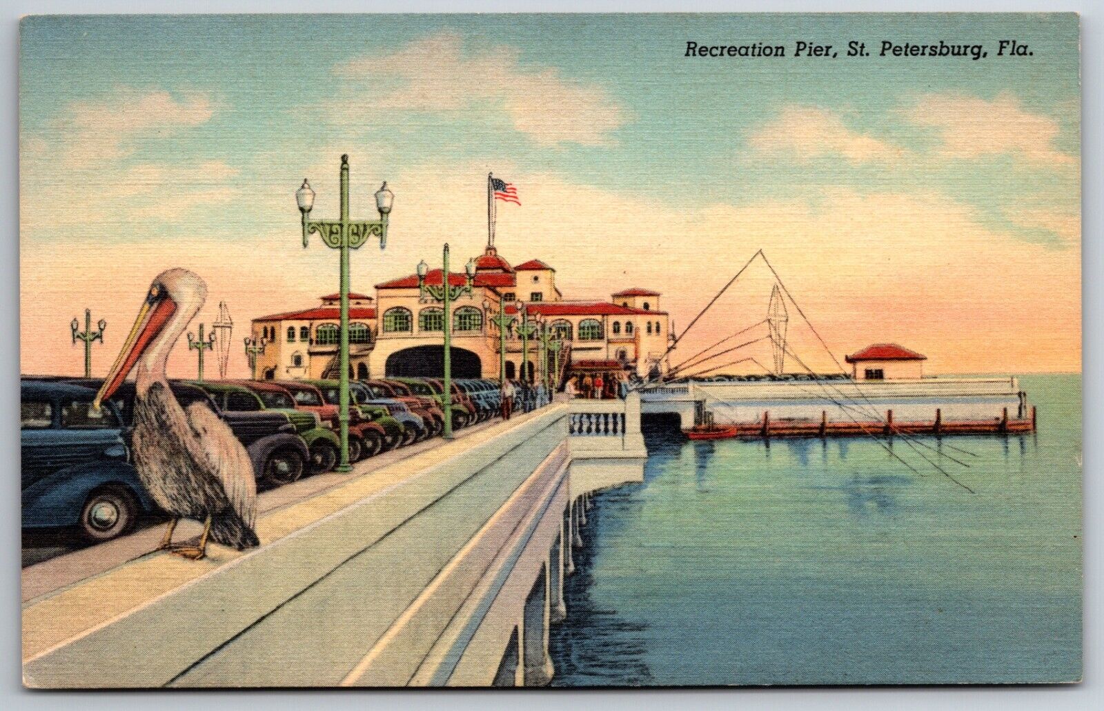 Fishing off of Recreation Pier St Petersburg Florida Pelican Old Cars Postcard
