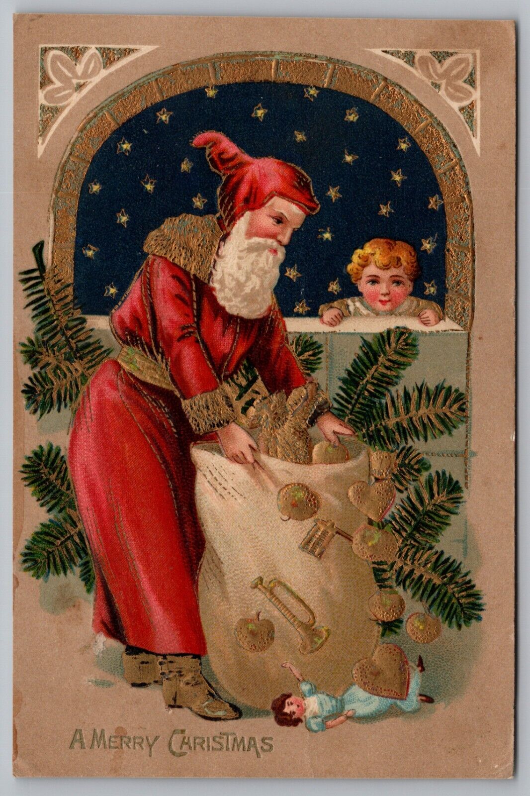 Postcard Merry Christmas Old World Santa Red Robe Hood Bag Full of Toys *C5482
