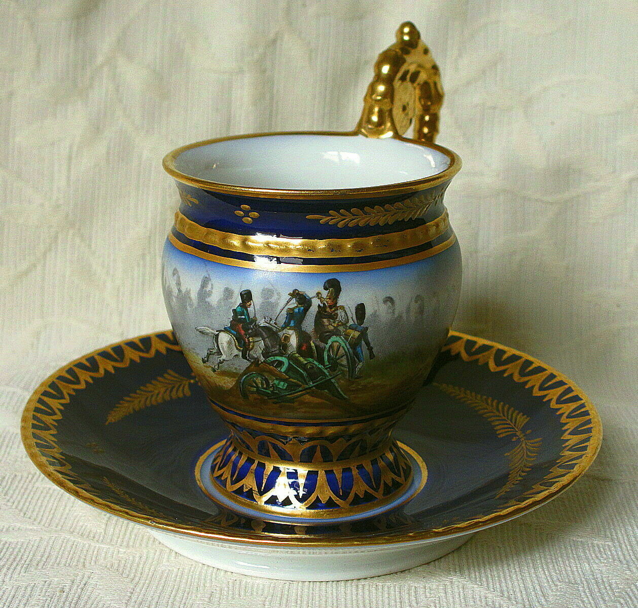 ANTIQUE HAND PAINTED NAPOLEONIC SEVRES CUP AND SAUCER BATTLE OF HANAU