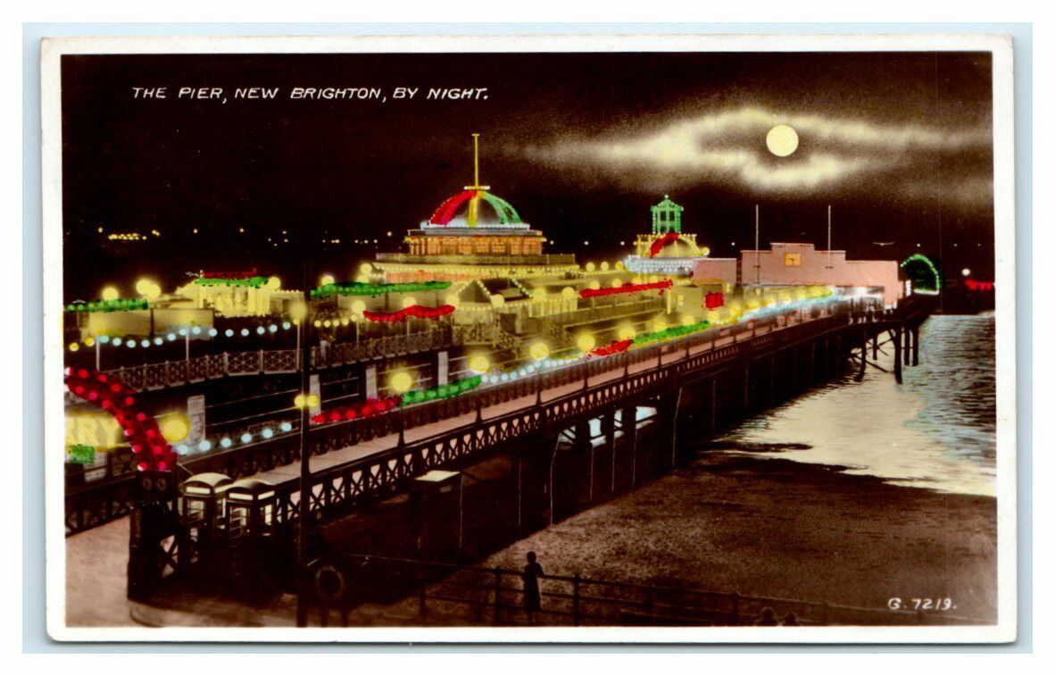RPPC tinted The Pier New Brighton by Night Merseyside England UK Postcard 