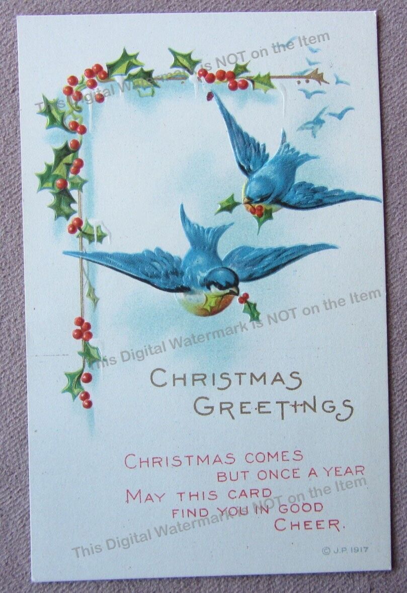 1918 Christmas Greetings Postcard BLUEBIRDS Holly Bringing Cheer JP Embossed