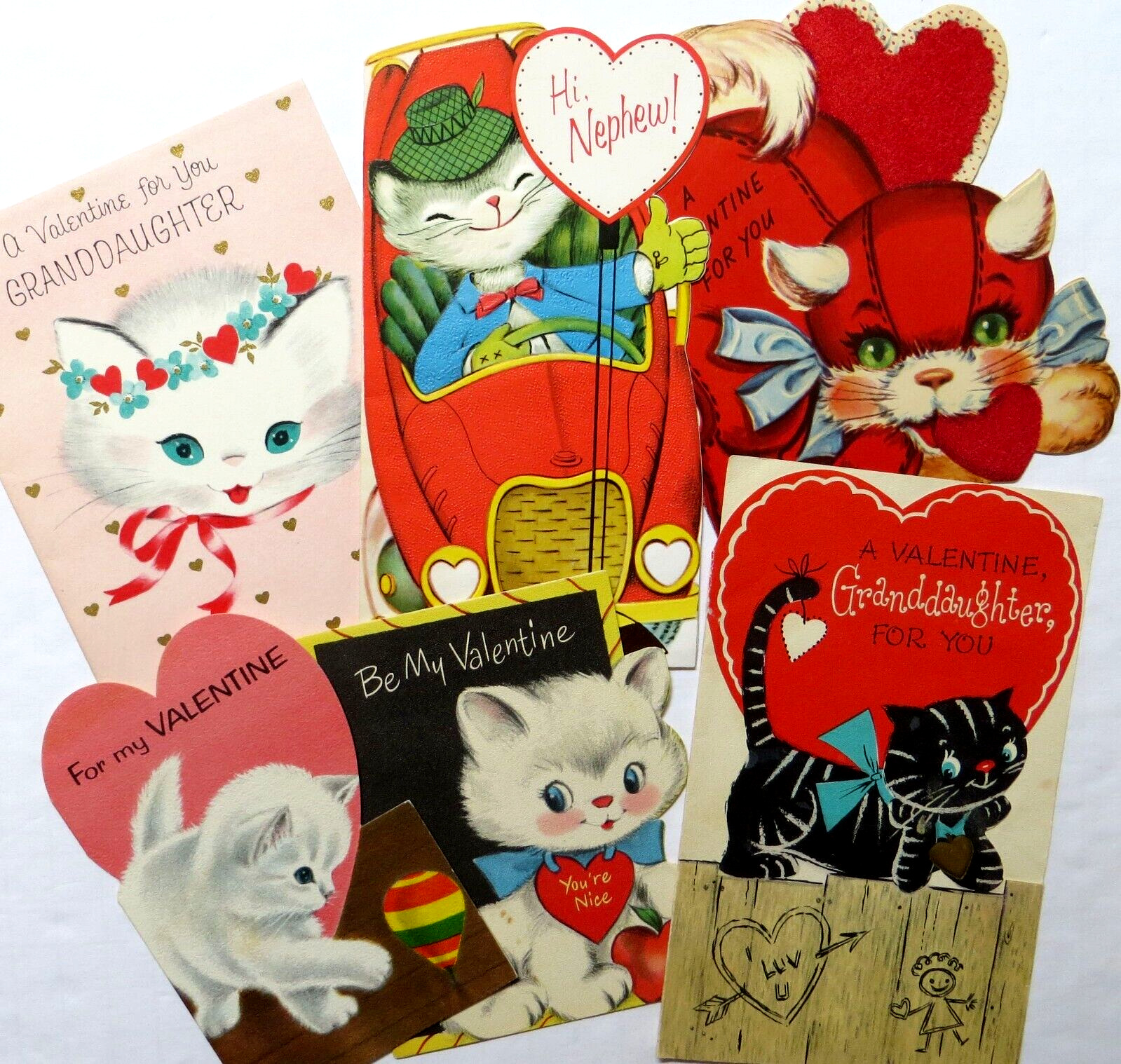 Vtg Lot 6 Valentine Cards-CUTE CATS KITTENS