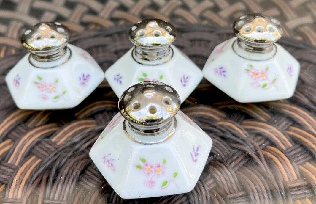 Vintage Hexagonal Salt and Pepper Shakers Floral Pattern Cork Stoppers Set Of 4